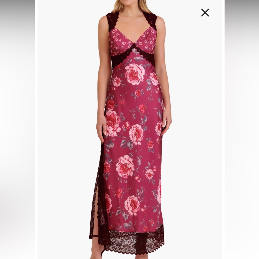 Floral Pink satin slipdress with Lace Trim
